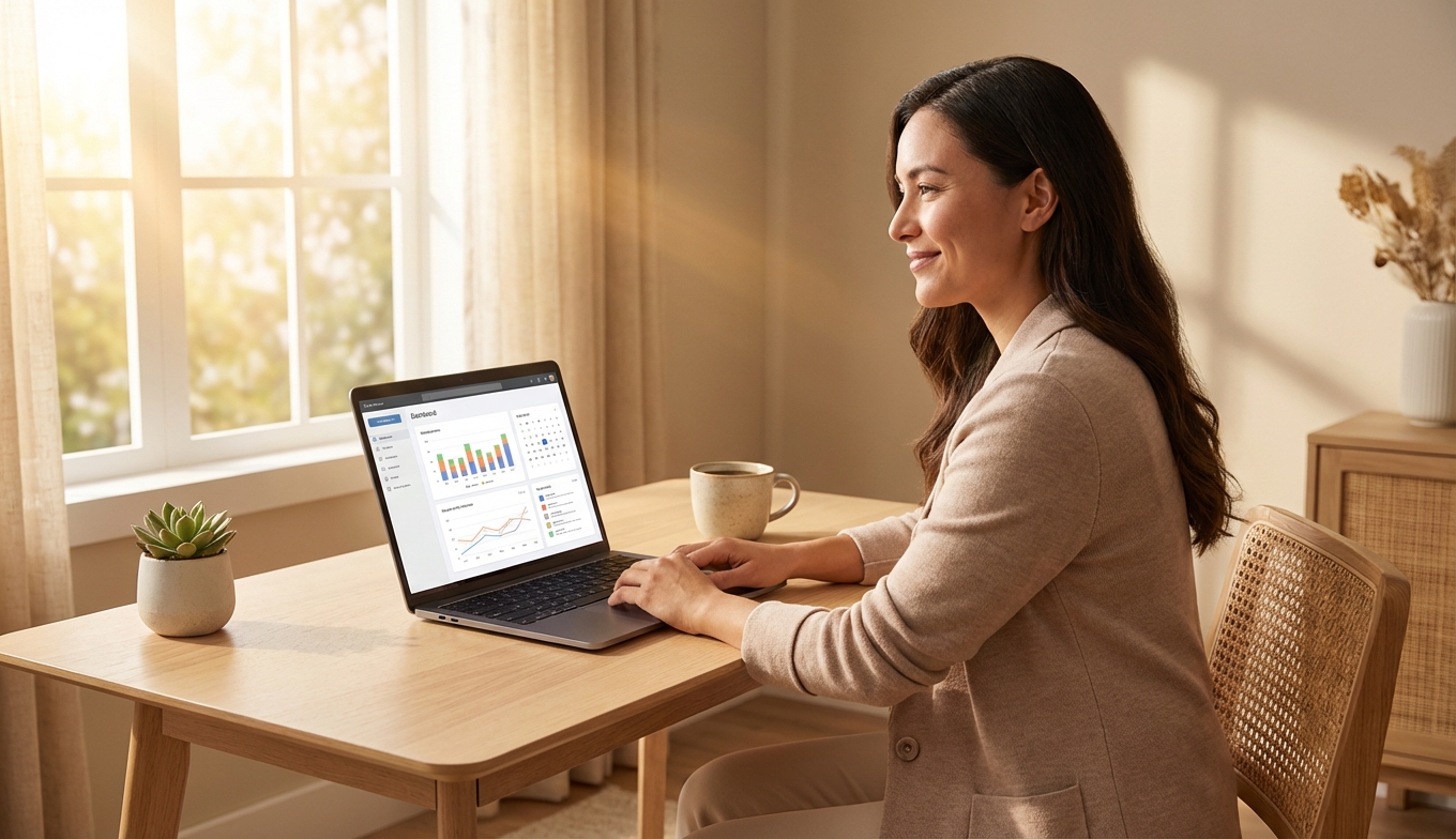 Calm person at clean desk with organized dashboard