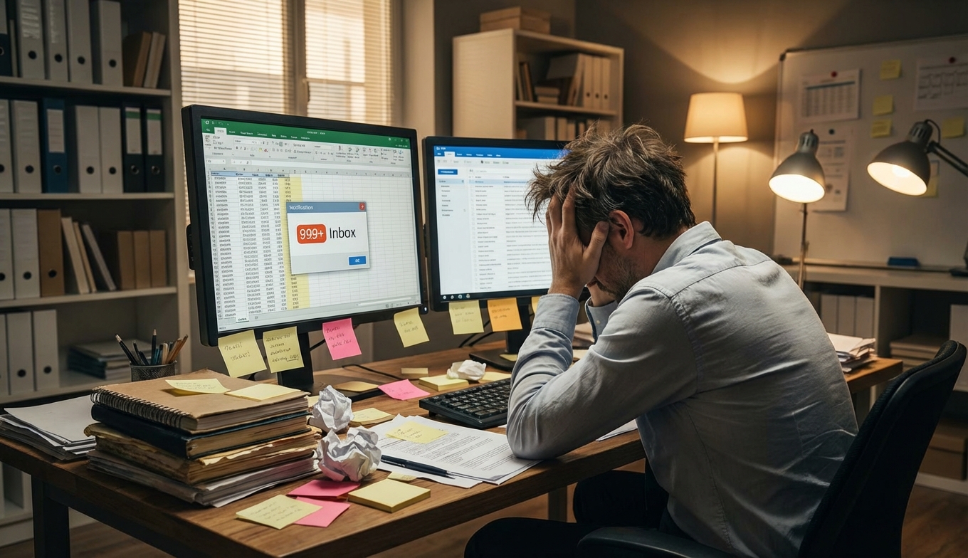Stressed person at cluttered desk with scattered notes