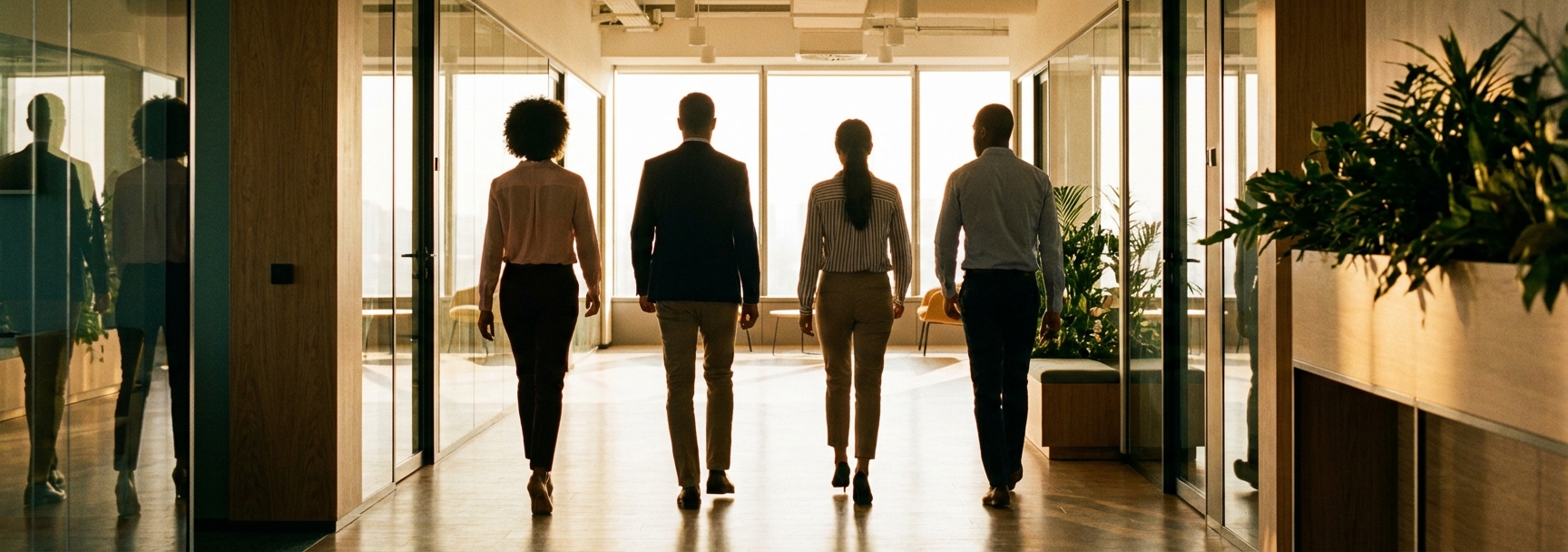 Team walking toward the light at the end of a modern office corridor