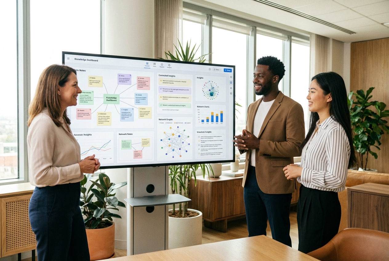 Team reviewing a shared knowledge dashboard
